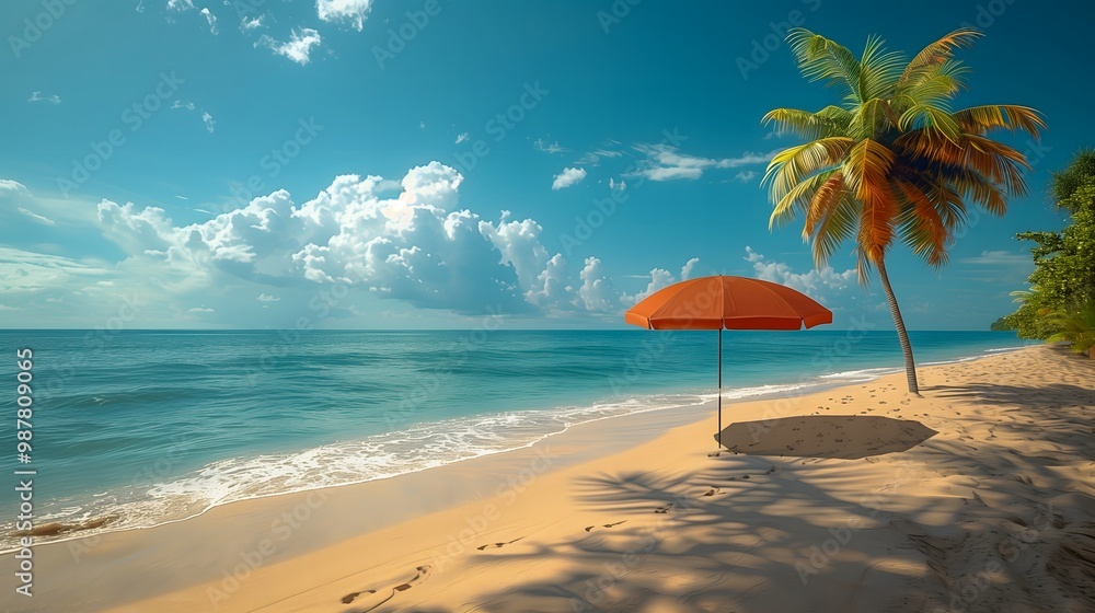beach with white sand, clear water, palm trees and parasol