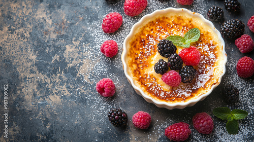 Silky Crme Brle with a perfectly caramelized sugar crust, garnished with fresh berries, served in a ramekin photo