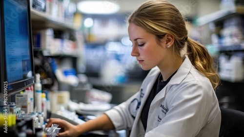 A focused professional working in a laboratory setting, analyzing data on a computer.