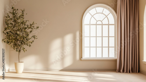 Arched Window And Curtains On Cream Background, Interior Design And Architecture, Simple Home Decor, Minimalist Living Space Theme   photo