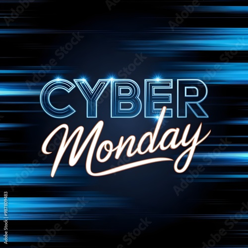 Futuristic Cyber Monday Digital Artwork Bold Typography, Electric Blue Gradient, and Glowing High-Tech Aesthetic for a Dynamic Promotional Event 