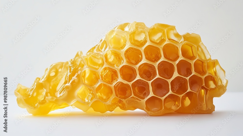Sweet, golden liquid and its hexagonal wax structure are displayed on a white backdrop. Sweet, golden liquid and its hexagonal wax structure are displayed on a white backdrop.