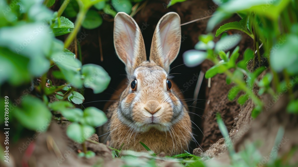A curious brown rabbit peeks out from its burrow, surrounded by lush greenery. Its long ears and large eyes are prominent. A curious brown rabbit peeks out from its burrow, surrounded by lush greenery. Its long ears and large eyes are prominent.