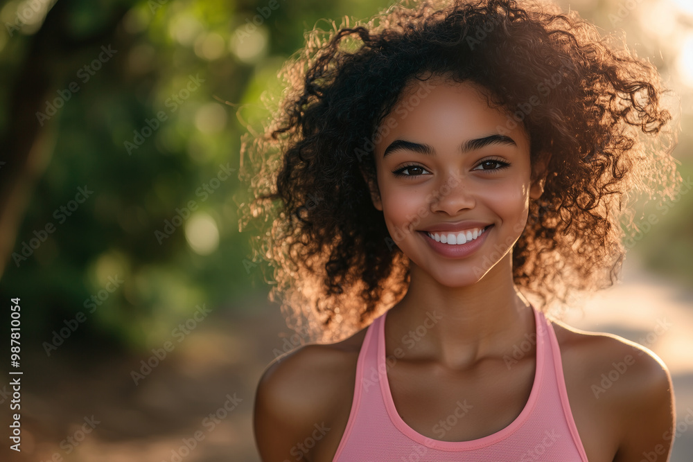 A joyful moment captured with a smiling African American girl in natural sunlight outdoors A joyful moment captured with a smiling African American girl in natural sunlight outdoors