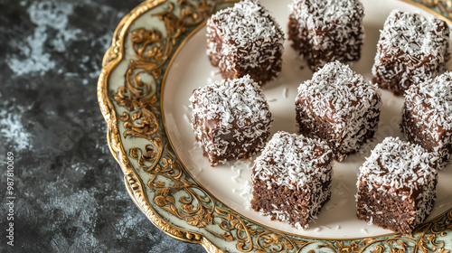 Soft, sponge cake Lamingtons coated in chocolate and shredded coconut, arranged neatly on a decorative plate photo