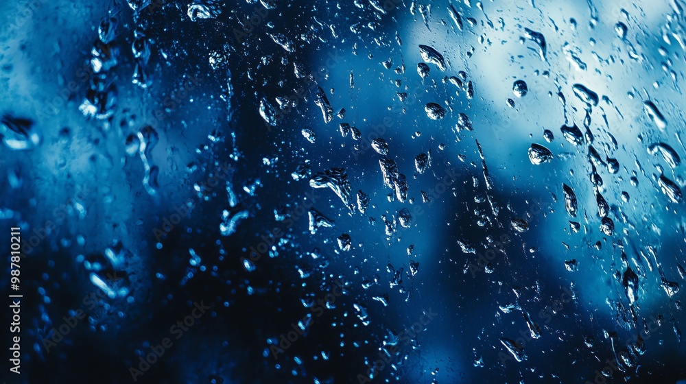 Teardrops of water on a dark glass window, sparkling under light. The wet surface creates an abstract, watery pattern, like scattered blobs of pure blue. Teardrops of water on a dark glass window, sparkling under light. The wet surface creates an abstract, watery pattern, like scattered blobs of pure blue.