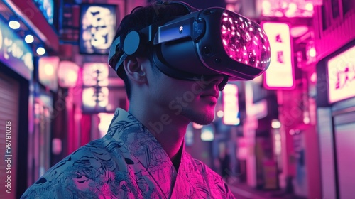 A person wearing a VR headset in a vibrant, neon-lit street, blending tradition and technology.