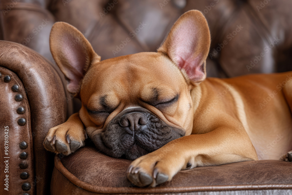 Dog sleeping comfortably on a cozy couch Dog sleeping comfortably on a cozy couch