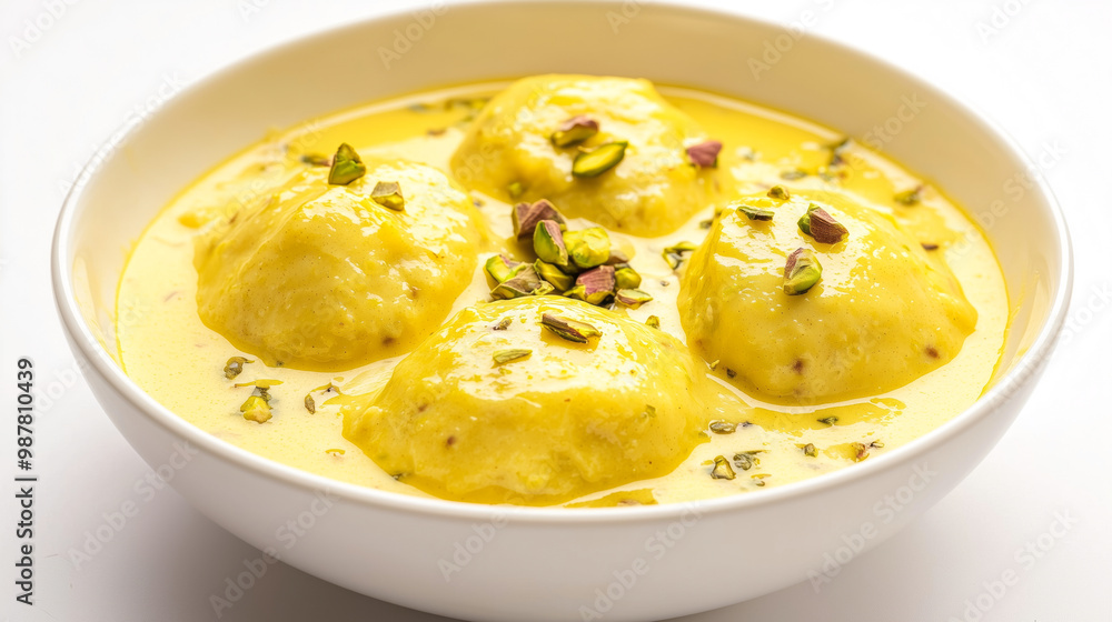 Soft, spongy Rasmalai soaked in creamy saffron milk, garnished with pistachios, served in a white bowl Soft, spongy Rasmalai soaked in creamy saffron milk, garnished with pistachios, served in a white bowl