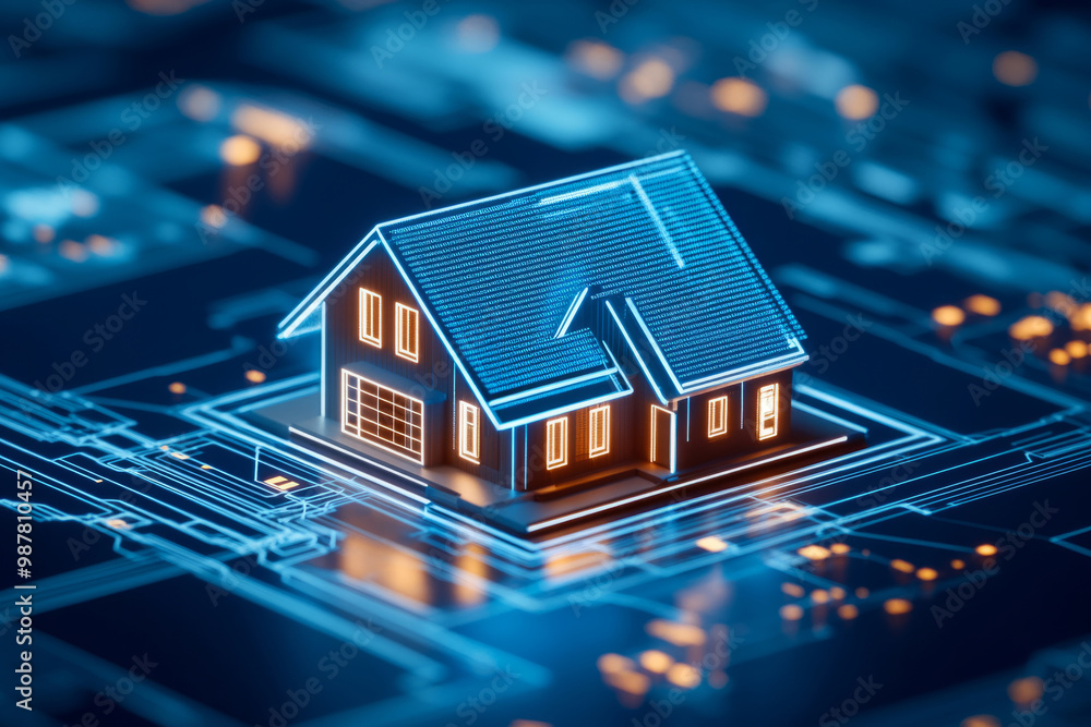 3D model of a smart home with illuminated blue accents. Futuristic architecture, technology integration 3D model of a smart home with illuminated blue accents. Futuristic architecture, technology integration