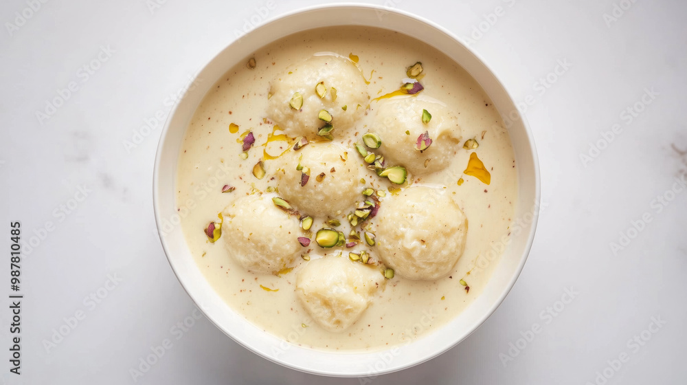 Soft, spongy Rasmalai soaked in creamy saffron milk, garnished with pistachios, served in a white bowl Soft, spongy Rasmalai soaked in creamy saffron milk, garnished with pistachios, served in a white bowl