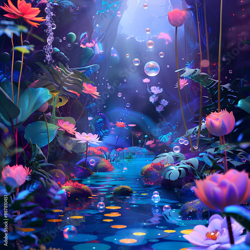 Create fantasy landscape illustrations featuring surreal 3D plants, floating bubbles-3