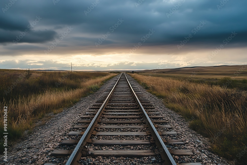 Endless Railway Tracks Leading to a Distant Horizon Under a Stormy Sky Endless Railway Tracks Leading to a Distant Horizon Under a Stormy Sky