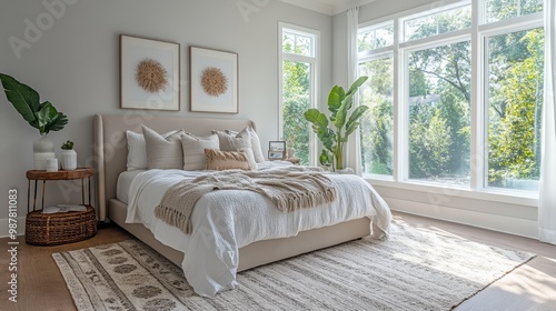 A tranquil minimalist bedroom featuring a muted wool rug with tribal prints in light gray tones, enhancing the hardwood floor and inviting a serene atmosphere