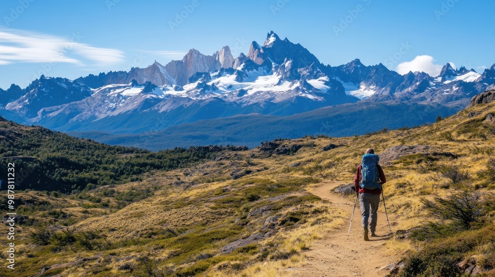 A hiker traverses a scenic mountain trail with snow-capped peaks in the background. A hiker traverses a scenic mountain trail with snow-capped peaks in the background.