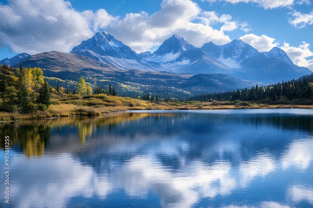 Scenic mountain lake landscape with reflection in the water Scenic mountain lake landscape with reflection in the water