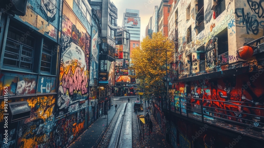 Obraz premium A vibrant urban alley filled with colorful graffiti and an autumn tree, showcasing street art culture.