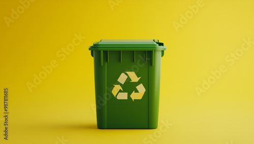 A green recycling bin stands out against a yellow backdrop, promoting waste sustainability