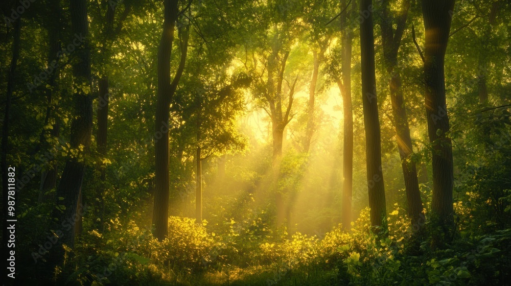 Fototapeta premium Sunlight Illuminating a Foggy Forest Path