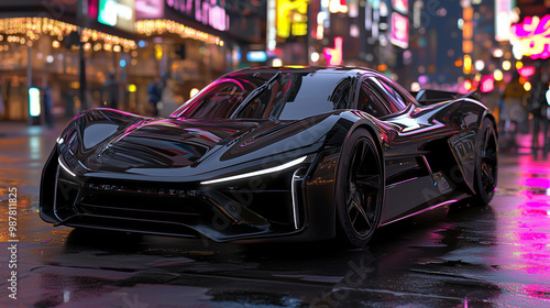 A futuristic electric hypercar glides through neon-lit city streets at night