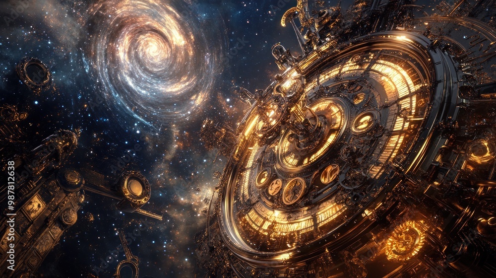 A futuristic cosmic scene featuring intricate machinery and a swirling galaxy. A futuristic cosmic scene featuring intricate machinery and a swirling galaxy.