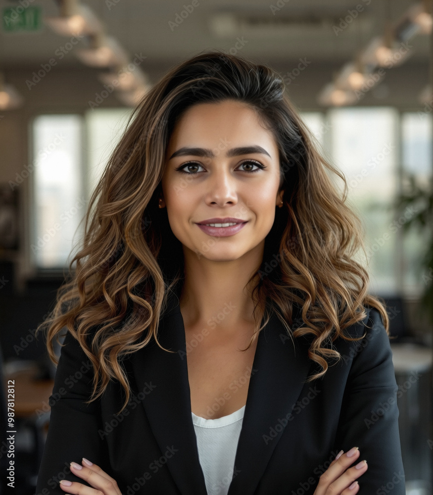 Fototapeta premium breathable neat attire and suit, inclusivity at work, curiosity and overwhelm, diffused lighting, against background at early morning, smart person portrait
