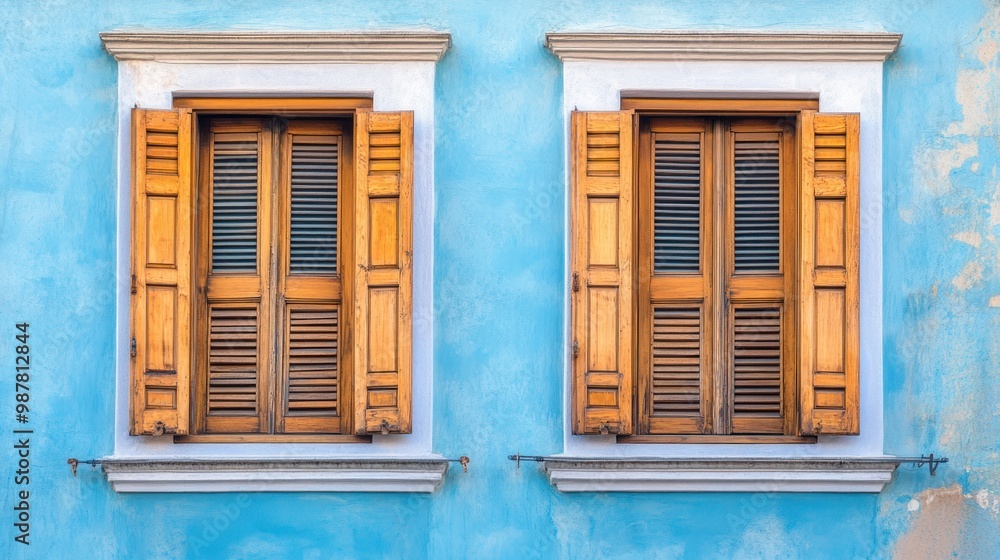 Fototapeta premium Two wooden shuttered windows on a blue wall, showcasing architectural design.