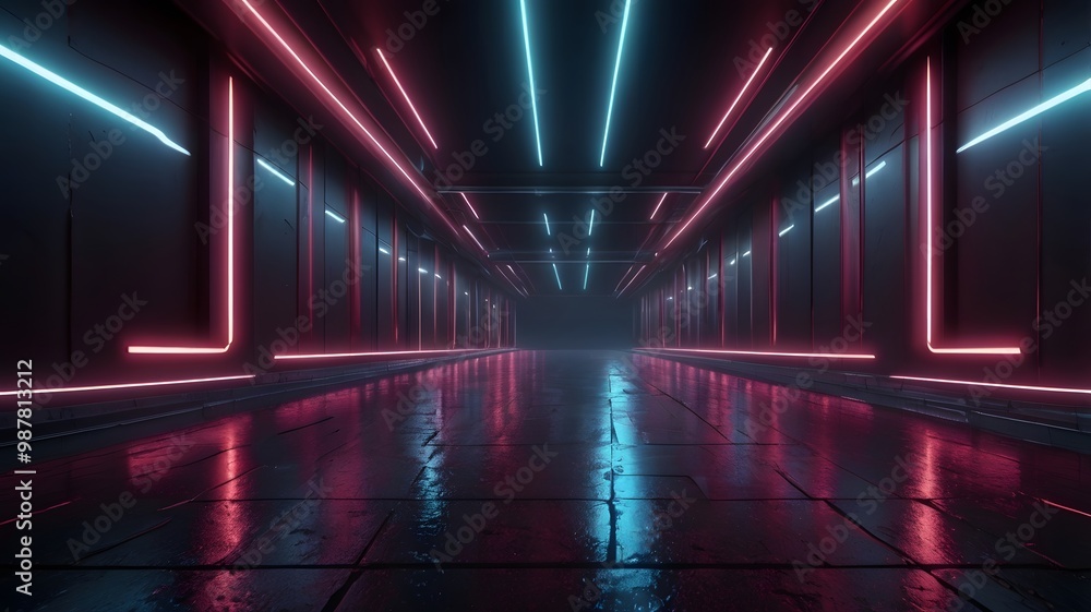 Futuristic empty dark tunnel with red and blue glowing neon lights Futuristic empty dark tunnel with red and blue glowing neon lights