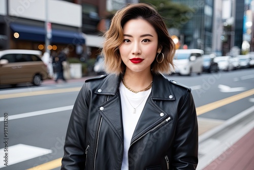 Attractive Japanese Young Woman with Ruby Red Lips and Beachy Waves in a Trendy Leather Jacket