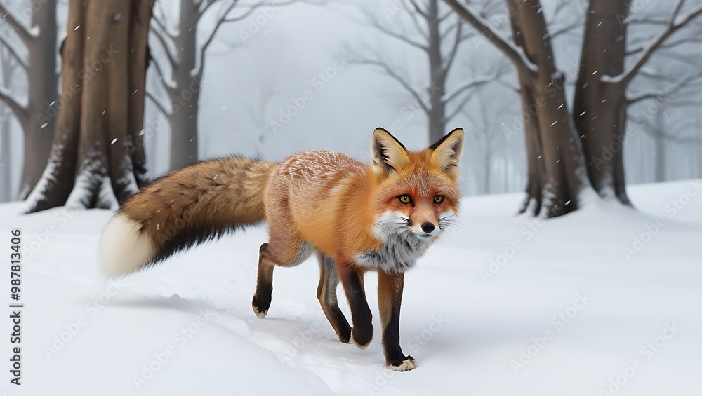This captivating photograph showcases a wild fox gracefully navigating through a snow-covered forest, where its bright reddish fur stands out beautifully against the pristine white landscape. This captivating photograph showcases a wild fox gracefully navigating through a snow-covered forest, where its bright reddish fur stands out beautifully against the pristine white landscape.