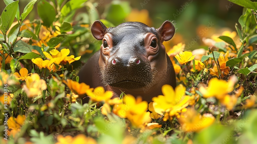 Fototapeta premium Adorable Baby Pygmy Hippo Playing Peekaboo Among Blooming Flowers in Sunlight