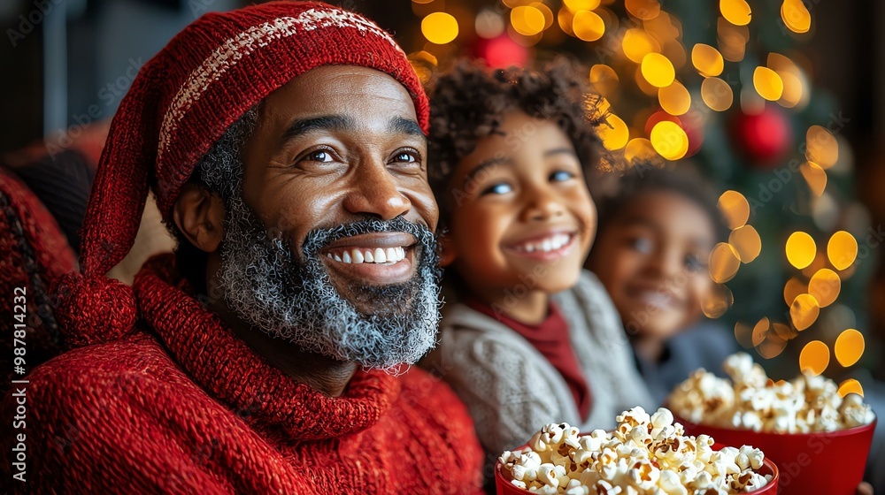 Family enjoying Christmas movie night with popcorn, smiling in festive sweaters near Christmas tree lights. Holiday cheer and togetherness. Family enjoying Christmas movie night with popcorn, smiling in festive sweaters near Christmas tree lights. Holiday cheer and togetherness.