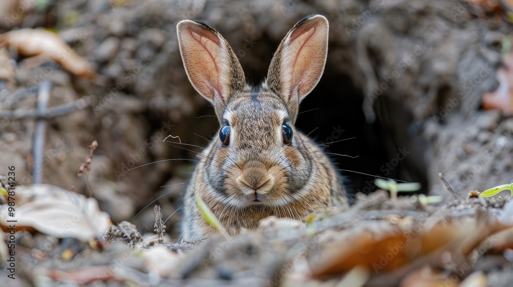 A curious rabbit peeks out from its burrow, its long ears alert and eyes wide. A curious rabbit peeks out from its burrow, its long ears alert and eyes wide.