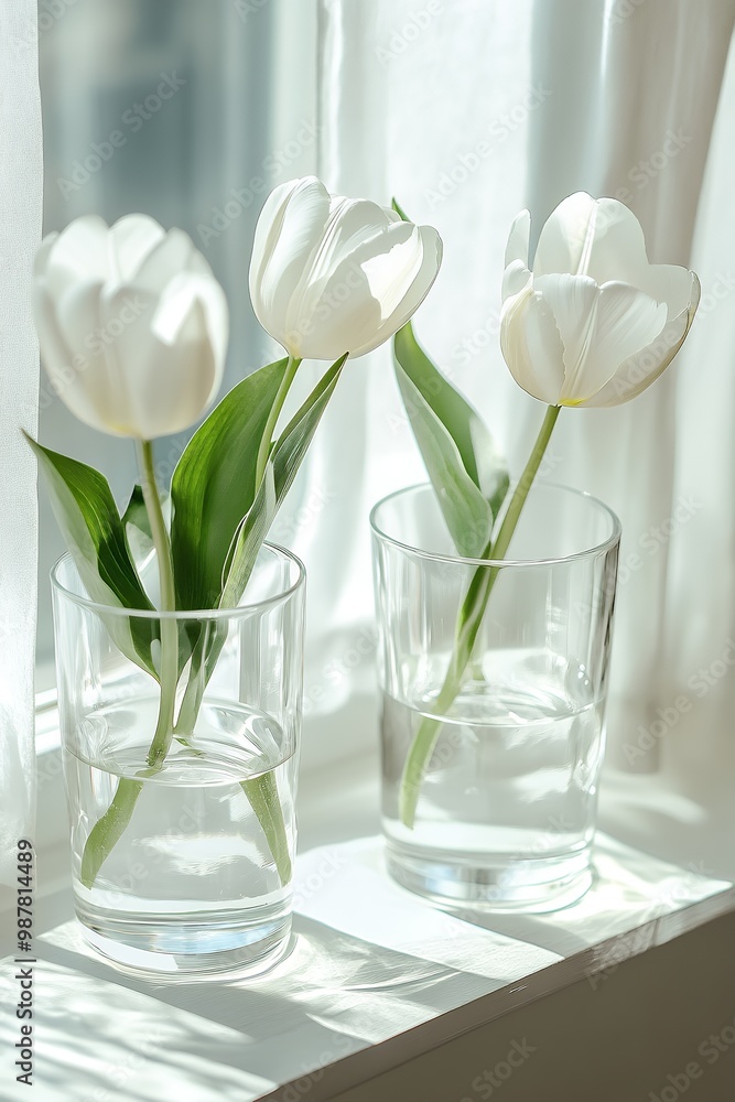 Three white tulips in simple glass vases sit on a white windowsill, bathed in natural sunlight. Three white tulips in simple glass vases sit on a white windowsill, bathed in natural sunlight.