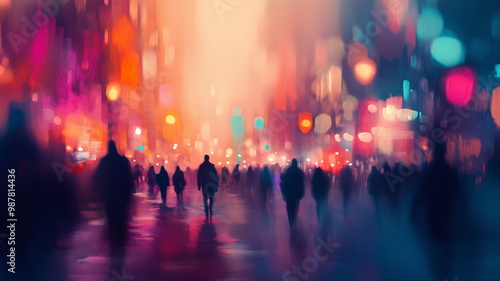 Wallpaper Mural Dreamy cityscape at dusk with glowing neon lights and blurred silhouettes of people walking Torontodigital.ca