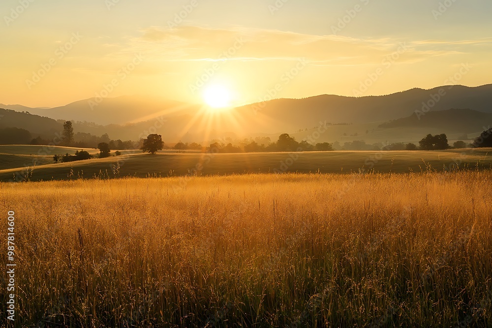Fototapeta premium Golden sunrise over grassy field and mountain landscape