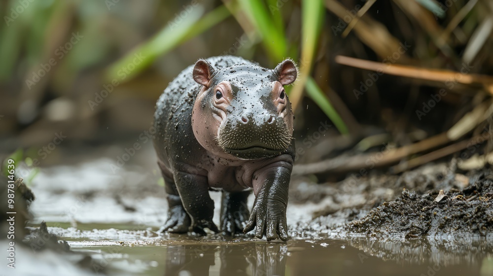 Adorable Baby Pygmy Hippo Waddling Along Riverbank, Leaving Sweet Footprints in Mud Adorable Baby Pygmy Hippo Waddling Along Riverbank, Leaving Sweet Footprints in Mud