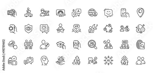 Friends chat, Graph chart and Hold box line icons pack. AI, Question and Answer, Map pin icons. Eye protection, Employees teamwork, Download app web icon. Vector