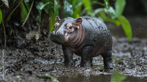 Adorable Baby Pygmy Hippo Waddling Along Riverbank Leaving Sweet Footprints in Mud