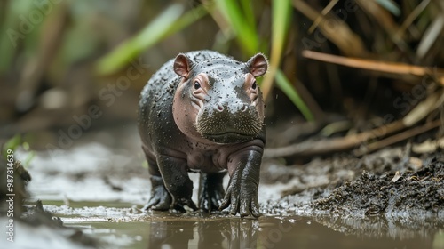 Adorable Baby Pygmy Hippo Waddling Along Riverbank, Leaving Sweet Footprints in Mud