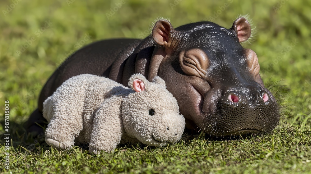 Cute Baby Pygmy Hippo Snuggling Plush Toy on Soft Grass Under Clear Sky - Adorable Wildlife Concept Cute Baby Pygmy Hippo Snuggling Plush Toy on Soft Grass Under Clear Sky - Adorable Wildlife Concept
