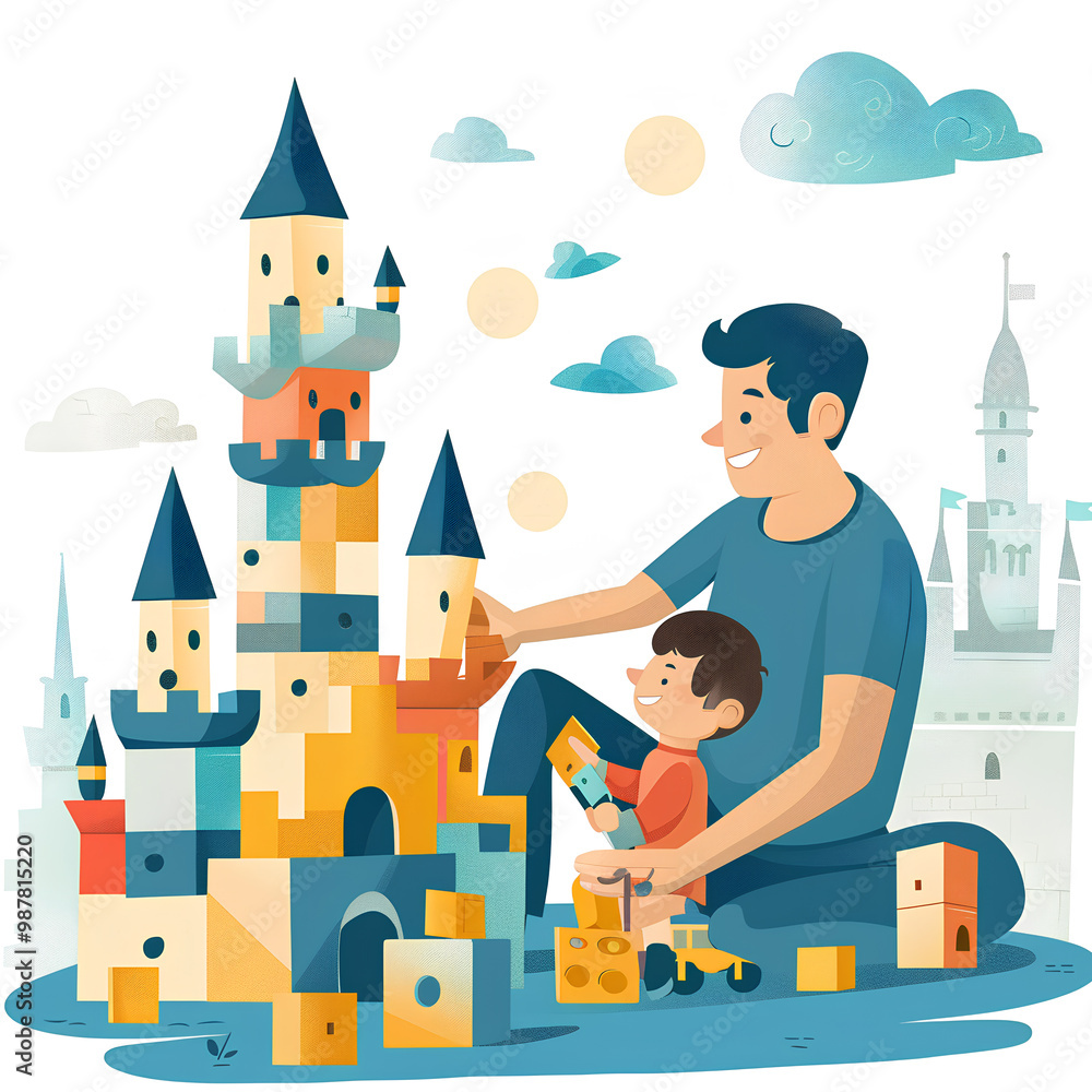Draw a playful scene of a father and child building a tower Draw a playful scene of a father and child building a tower