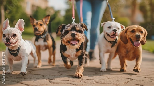 A dog walker is shown with a bunch of cute puppies on leashes. The walker is taking the dogs for a walk, and they are all different breeds.