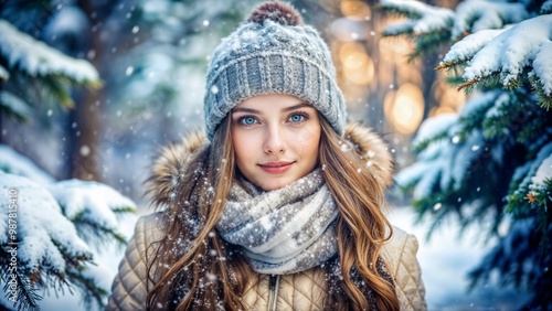 Twenty-one years old girl with long hair wearing a grey knitted hat and scarf in a snowy forest