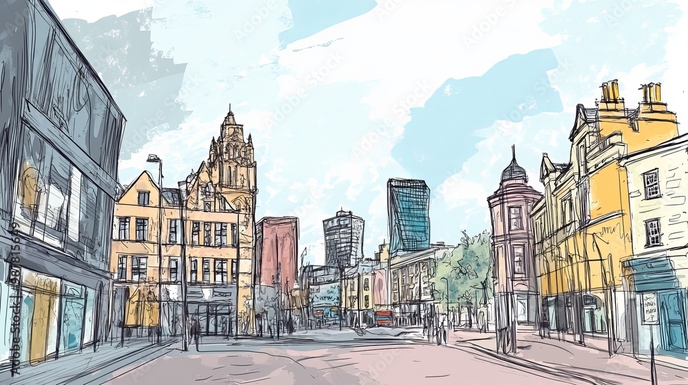 Naklejka premium A hand-drawn sketch of Birmingham, a city in England, part of the United Kingdom and Europe.
