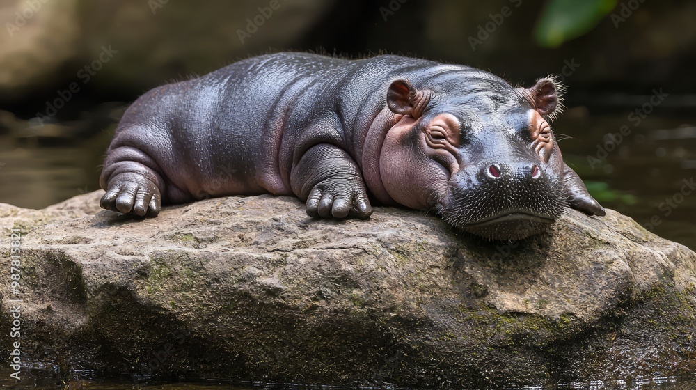 Cute Baby Pygmy Hippo Enjoying Sun on Rock by Serene River Cute Baby Pygmy Hippo Enjoying Sun on Rock by Serene River