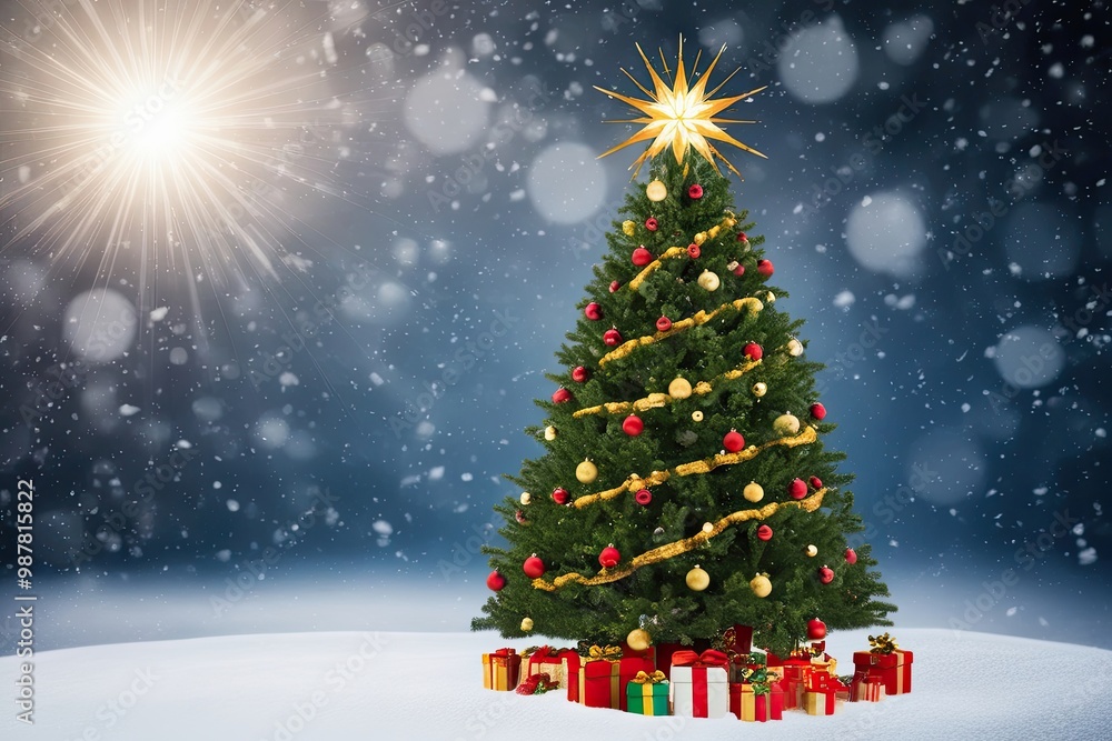Joyful Holiday Scene of a Radiant Christmas Tree in a Snowy Background Joyful Holiday Scene of a Radiant Christmas Tree in a Snowy Background