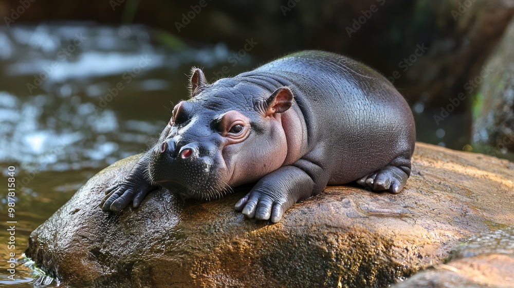 Serene Baby Pygmy Hippo Relaxing on Warm Rock by Flowing River Serene Baby Pygmy Hippo Relaxing on Warm Rock by Flowing River