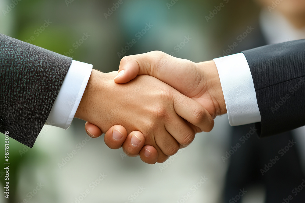 Management consultants engaging in a professional handshake during a business meeting outdoors Management consultants engaging in a professional handshake during a business meeting outdoors