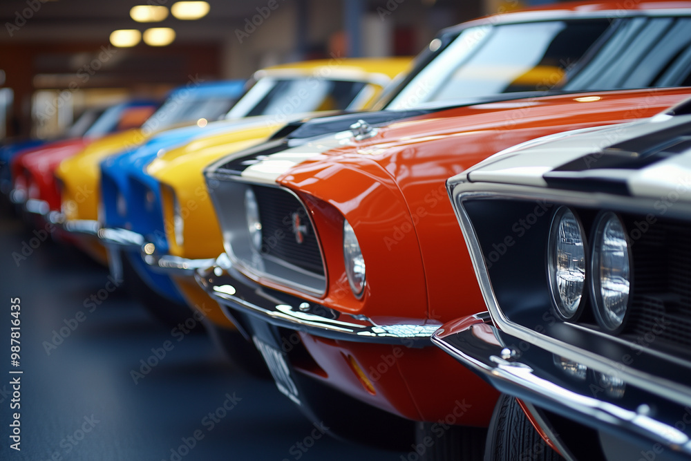 A vibrant display of American muscle cars lined up, showcasing their powerful legacy and design A vibrant display of American muscle cars lined up, showcasing their powerful legacy and design